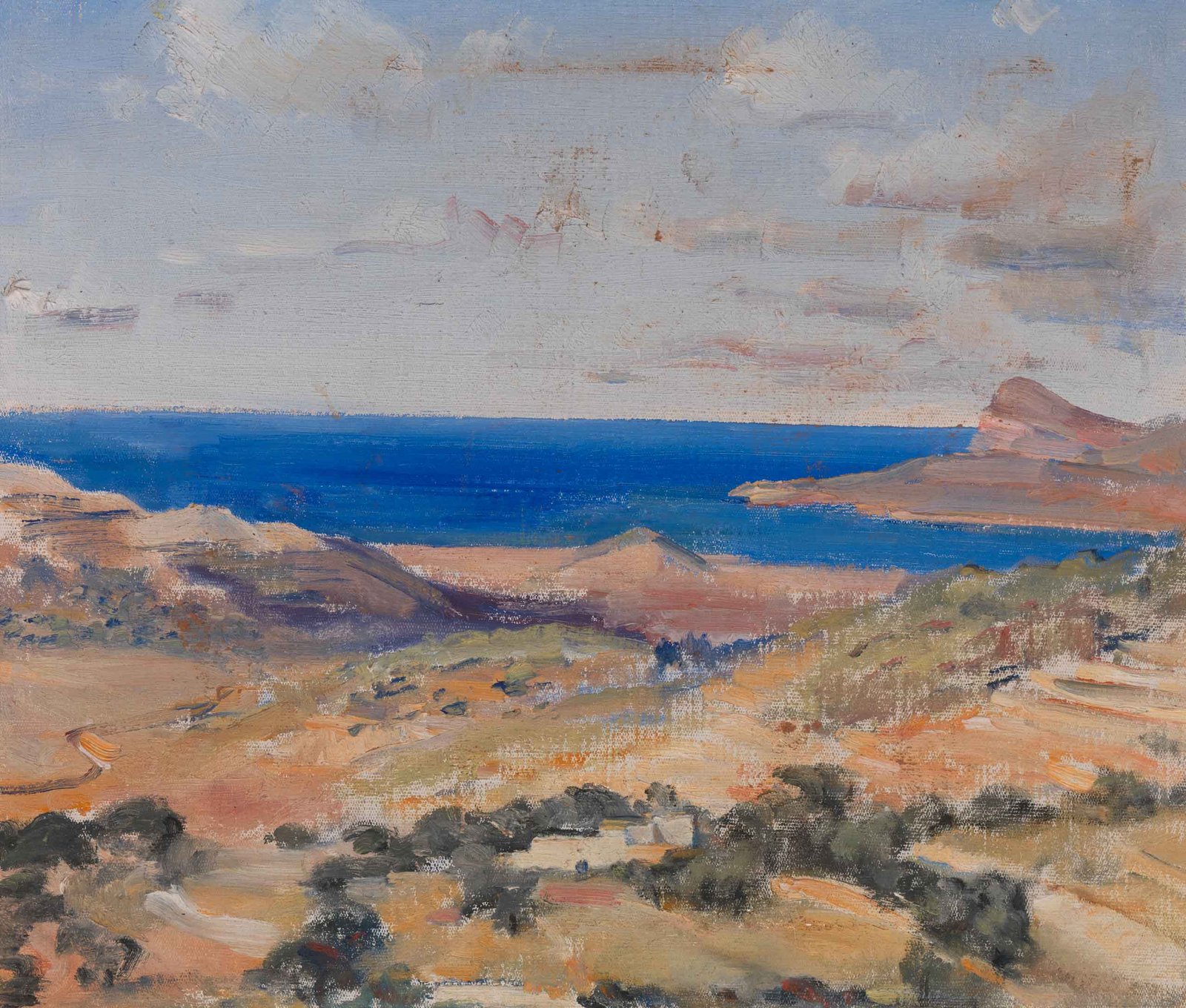 밝고 푸른 바다와 약간 흐린 하늘로 이어지는 녹색과 갈색의 시골 풍경 유화.