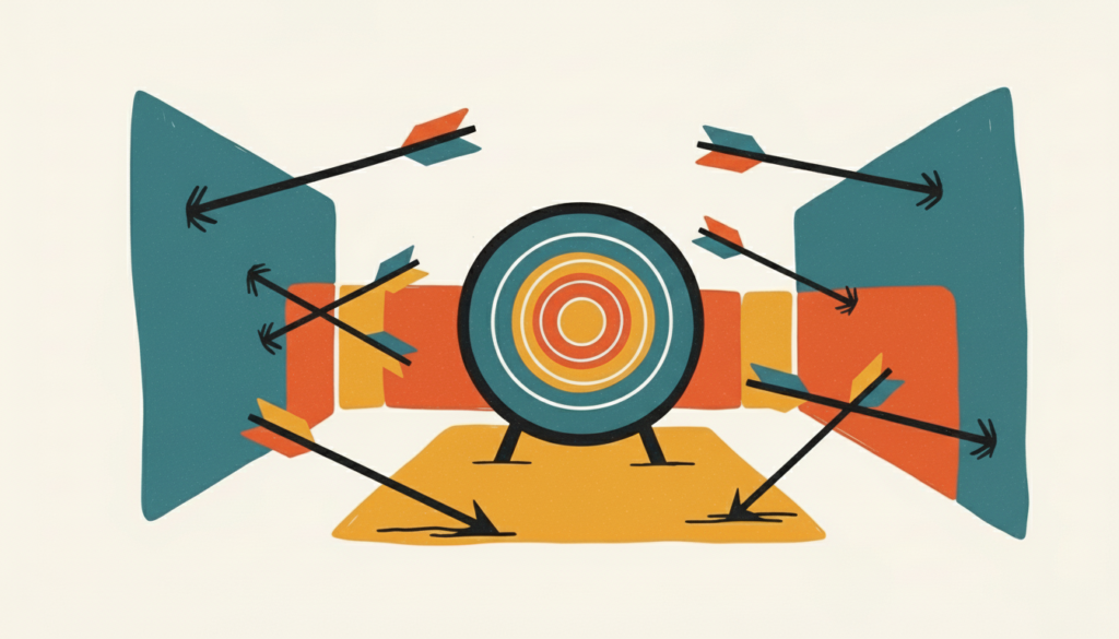 Hand-drawn mid-century modern style illustration of a clean target with no arrows hitting it, while multiple arrows are scattered randomly far away, representing failed targeting and wasted effort, with thick brush lines and vintage texture, no text.