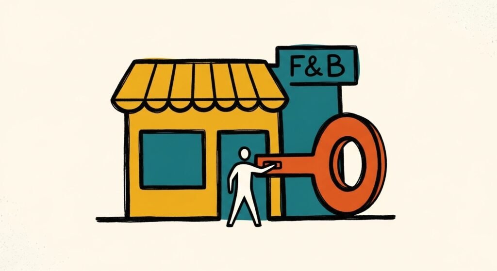 Hand-drawn mid-century modern style illustration of a small F&B store with a large button or key in front, being activated by a human figure, representing the critical first step for business survival, with thick brush lines and vintage texture, no text.
