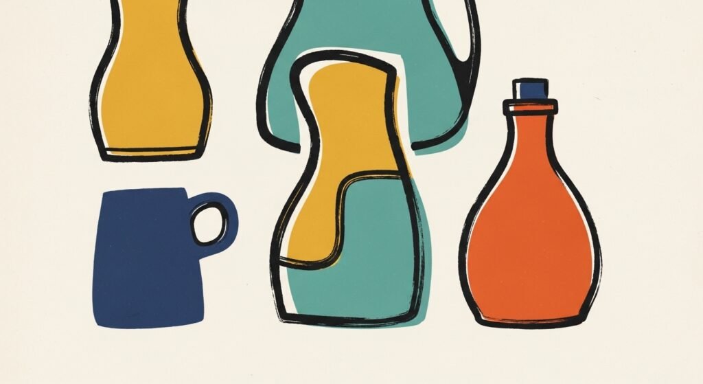 Hand-drawn mid-century modern style illustration showing multiple objects where a simpler one is selected while a more refined one is left unchosen, representing a good product that is not selling, with thick brush lines and vintage texture, no text.
