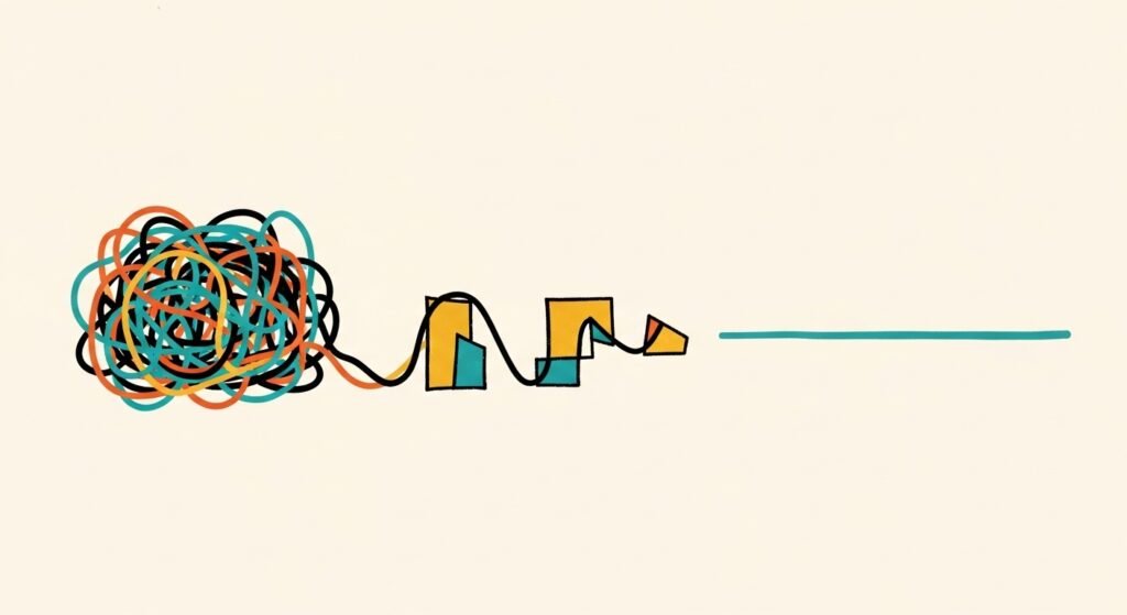 Hand-drawn mid-century modern style illustration of tangled lines gradually becoming a clean single line, representing analysis and stabilization of performance, with thick brush lines and vintage texture, no text.