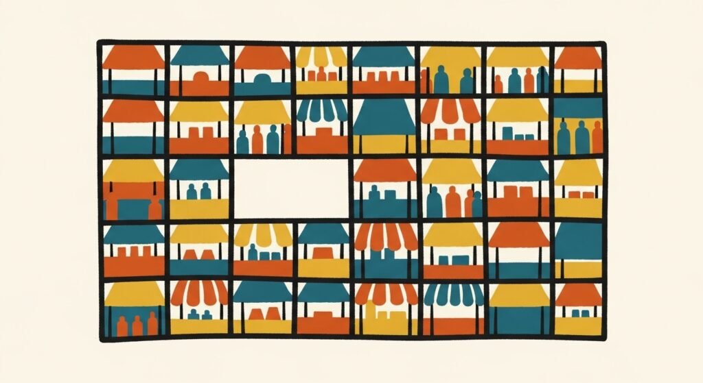 Mid-century modern retro illustration with a hand-drawn painterly style. A grid of simple geometric shapes arranged evenly, representing a crowded market, with one clearly empty space or gap among them. The empty space is visually emphasized as the focal point, symbolizing an opportunity or market gap. Thick uneven brush outlines, slightly imperfect hand-drawn shapes, not clean vector. Minimal composition, clear and intuitive. Muted vintage color palette: mustard yellow, teal, burnt orange, off-white background. Slight vintage print texture. No text, no gradients.