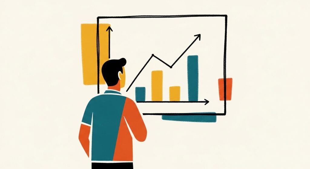 Hand-drawn mid-century modern style illustration of a person looking at a chart or graph, representing data-driven marketing decisions, with thick brush lines and vintage texture, no text.