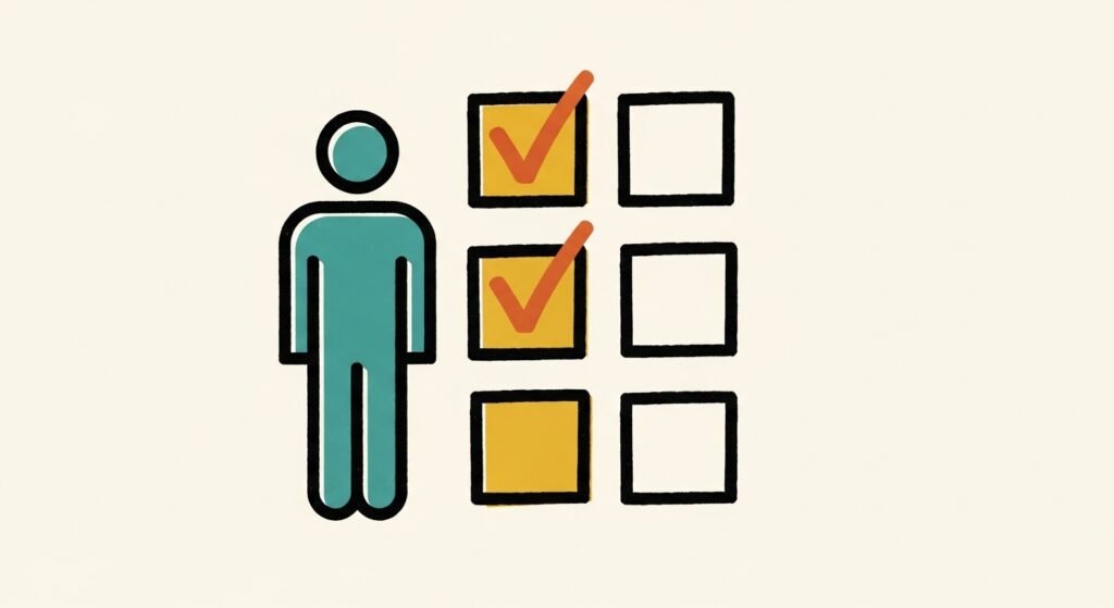 Hand-drawn mid-century modern style illustration of a small business owner next to five hand-drawn checkboxes, some marked, representing a pre-advertising checklist to avoid wasted money, with thick brush lines and vintage texture, no text.