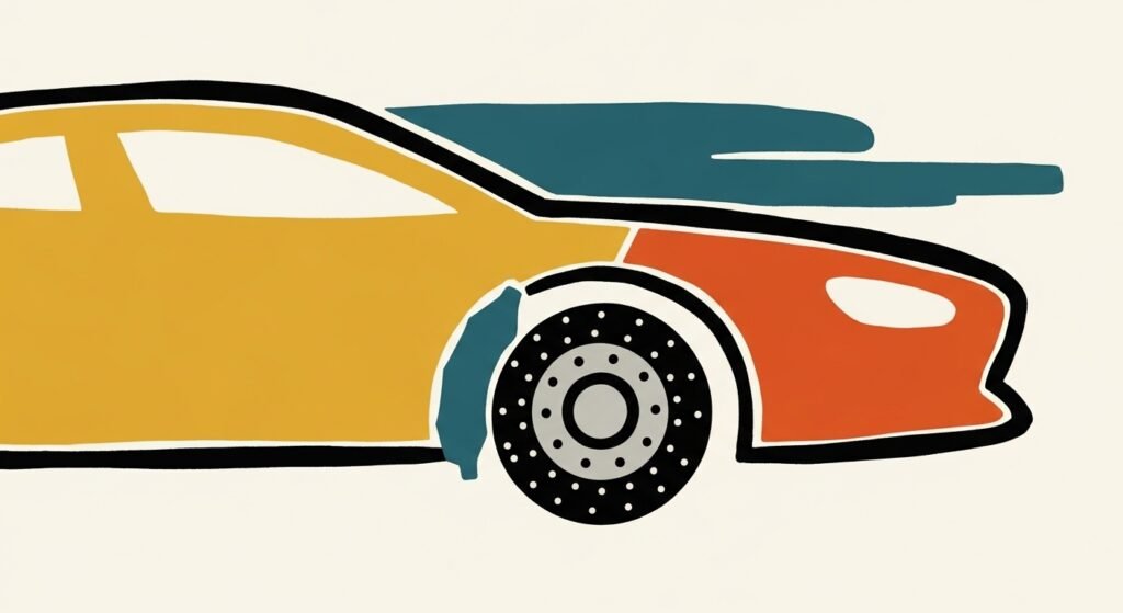 Hand-drawn mid-century modern style illustration of a car about to accelerate but applying a brake, representing checking before scaling up, with thick brush lines and vintage texture, no text.