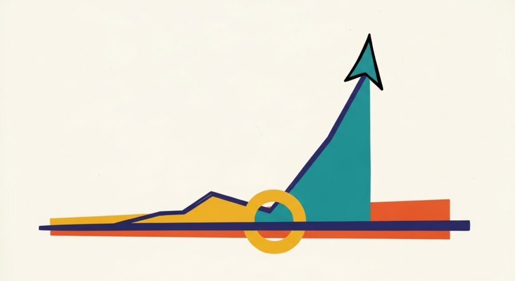 Hand-drawn mid-century modern style illustration of a flat line graph that suddenly rises sharply, representing recovery of performance and ROAS, with thick brush lines and vintage texture, no text.