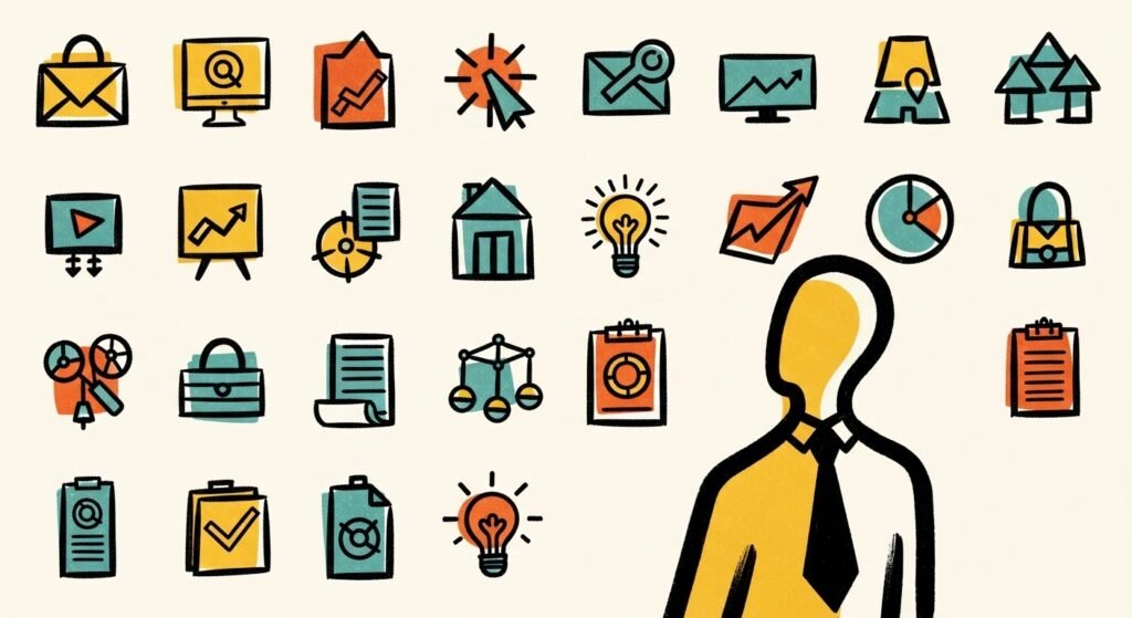 Hand-drawn mid-century modern style illustration of thirty small icons representing marketing ideas, with a small human figure observing them, representing a small business owner exploring options, with thick brush lines and vintage texture, no text.