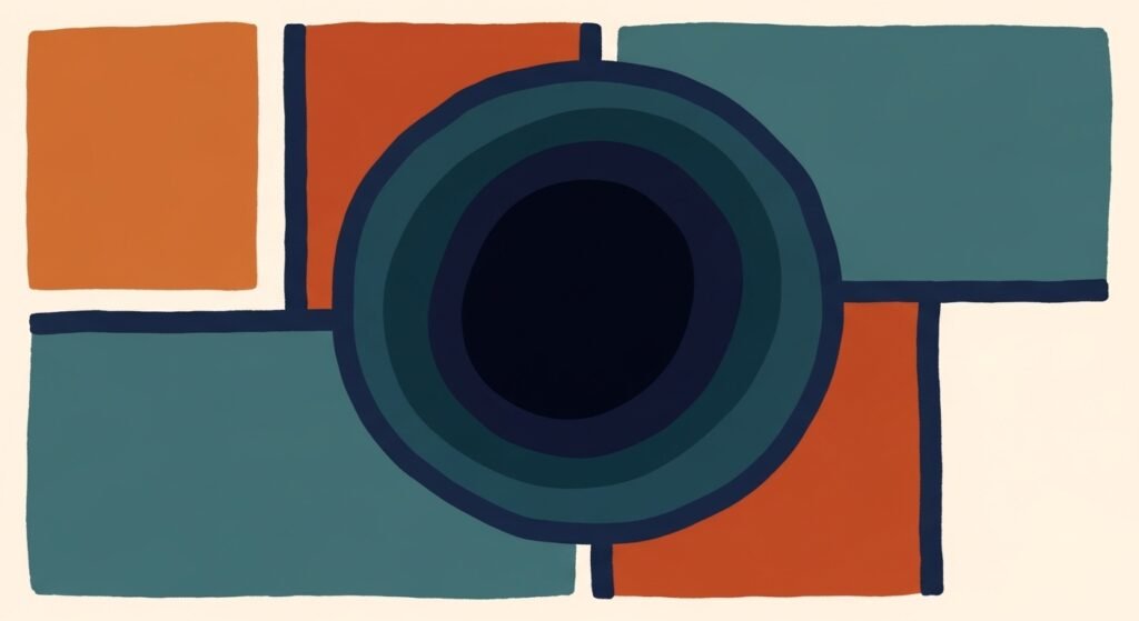 Mid-century modern and retro graphic style illustration of a startup preventing wasteful spending before launching first ads. Abstract geometric shapes represent budget, ad strategy, and revenue efficiency. Muted vintage colors, textured print look, asymmetric balance, and organic abstract forms. No text.