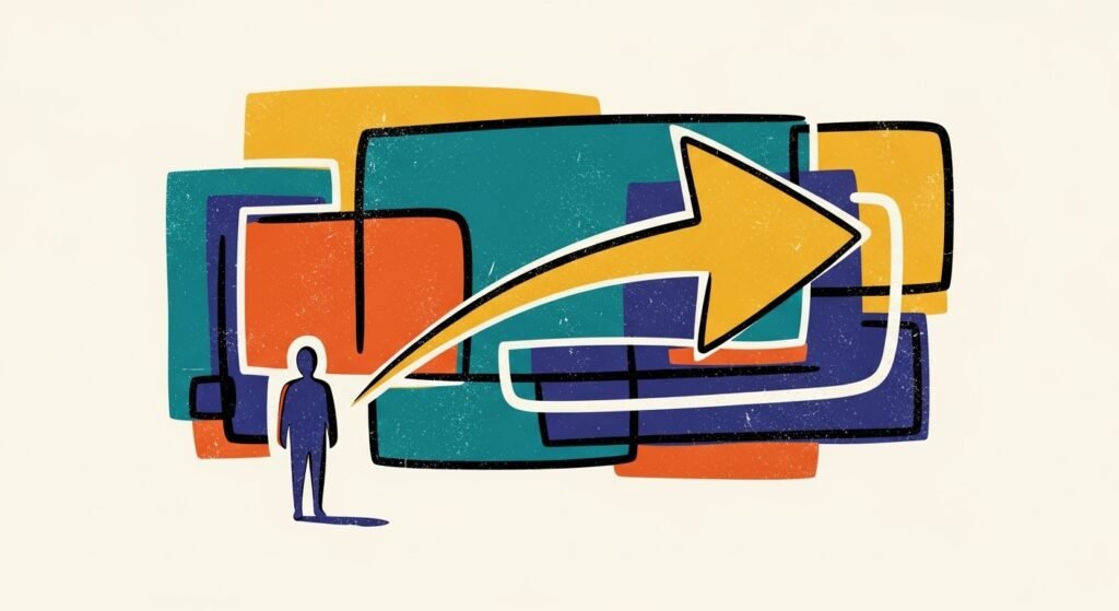 Hand-drawn mid-century modern style illustration of a simple human figure in an empty space with a guiding line or gesture showing direction, representing a beginner being guided to start, with thick brush lines and vintage texture, no text.