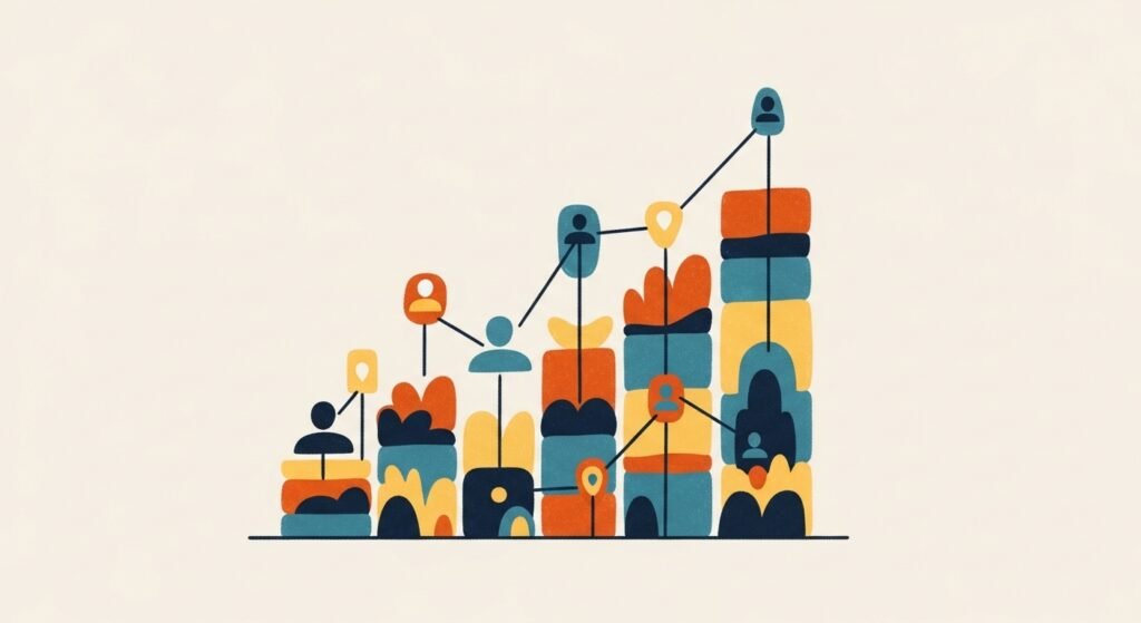 AI system designing data-driven user growth structures, mapping step-by-step flows from user acquisition to registration, engagement, payment, and sharing, including automation strategies and revenue models