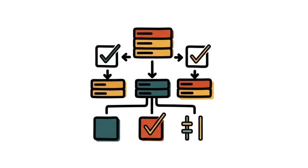 Minimalist icon representing data normalization and correction, showing structured data flow, check marks, and adjustment, symbolizing accuracy and reliability