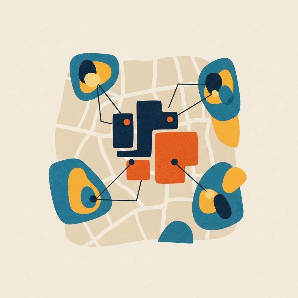 AI system designing a local customer engagement strategy that connects nearby communities with a brand, building trust and turning local visitors into loyal repeat customers