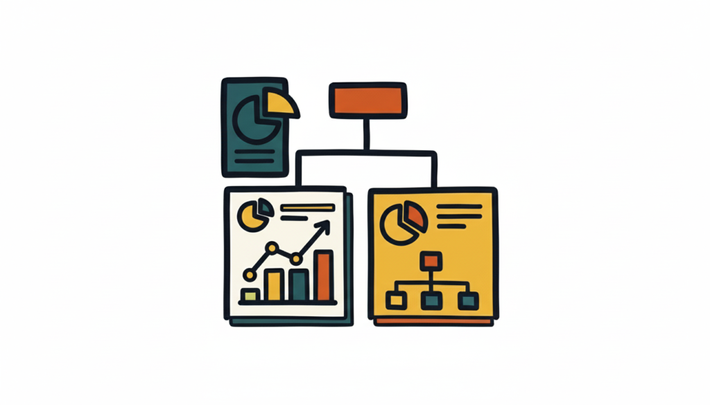 Minimalist icon representing report structuring and visualization, showing organized charts, diagrams, and structured layout, symbolizing clarity and actionable insights