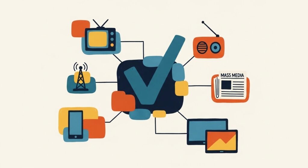 AI system leveraging mass media channels like TV, radio, newspapers, and magazines to rapidly build brand trust, complementing digital advertising and creating a 'verified brand' image for consumers