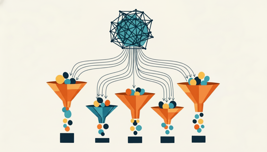 AI system designing a conversion funnel optimized for vertical media platforms, connecting high-purity target audiences to actual purchasing customers through efficient offer pathways