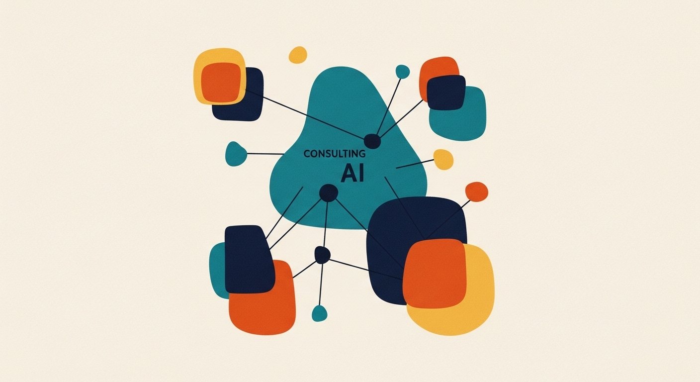 Conceptual illustration of BB Labs consulting, showing AI analyzing business structures and designing growth strategies, with visual metaphors for optimization, efficiency, and scalable growth