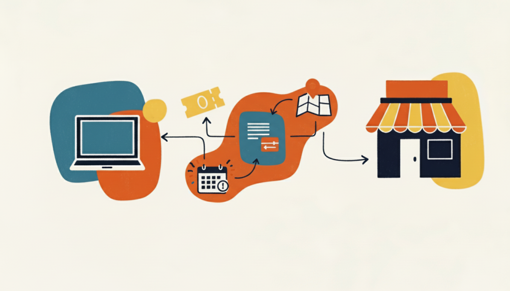 AI system designing an online-to-offline visit funnel, guiding users from online discovery to real world store visits through incentives like coupons, events, and location guidance