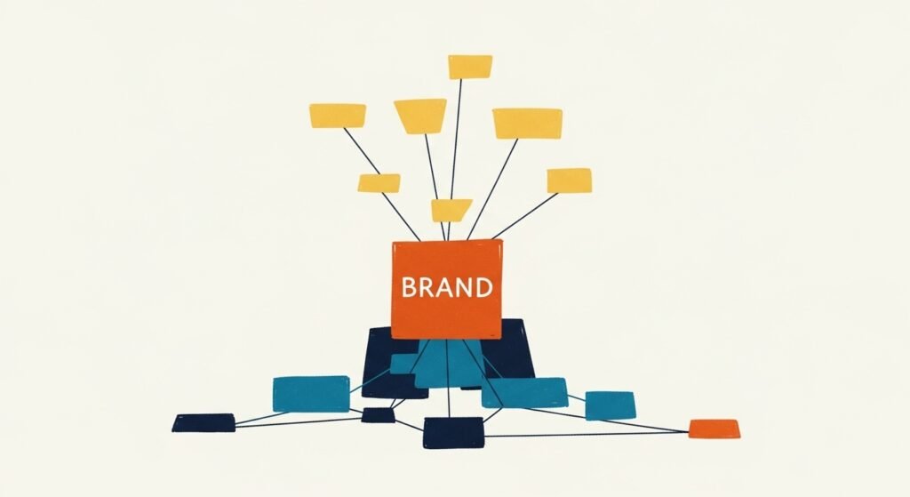 AI system defining brand direction based on expertise, structuring unique value proposition to differentiate from existing market experts and reduce initial market entry barriers