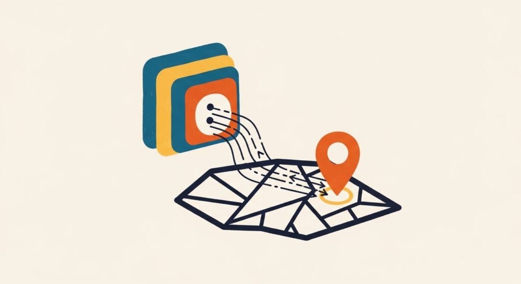 AI system optimizing map based local search visibility, connecting nearby customer searches with a business location and guiding users toward direct actions such as visits, reservations, or phone inquiries