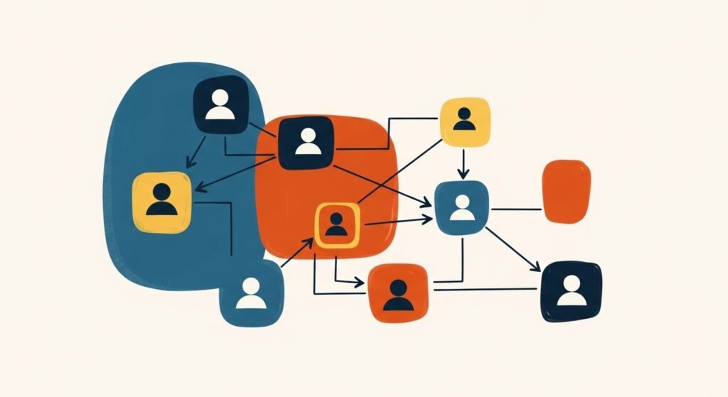 AI system designing targeted network and client discovery structures, identifying key decision-makers and creating strategic digital pathways to reach high-value customers