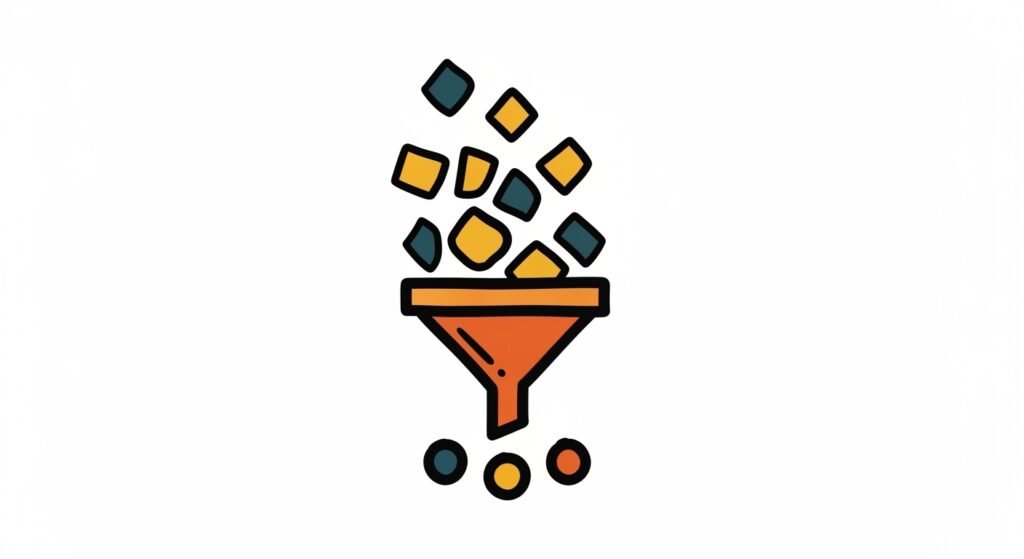 Minimalist icon representing core insight extraction, showing data being analyzed and filtered into key strategic points, symbolizing clarity, focus, and decision-making