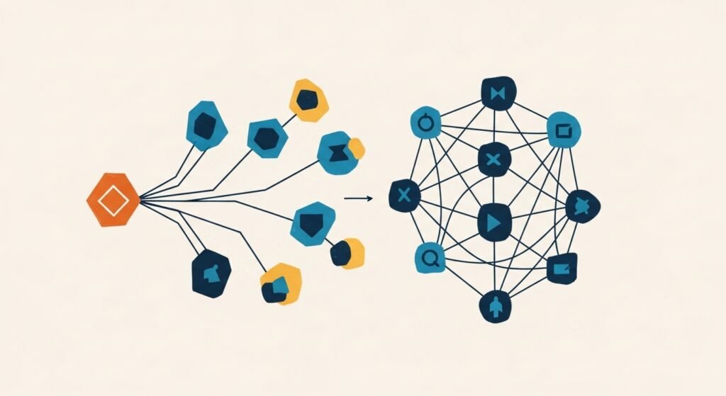 AI system designing an efficient multi channel content operation structure, transforming a single piece of content into multiple formats to expand reach and reduce production workload